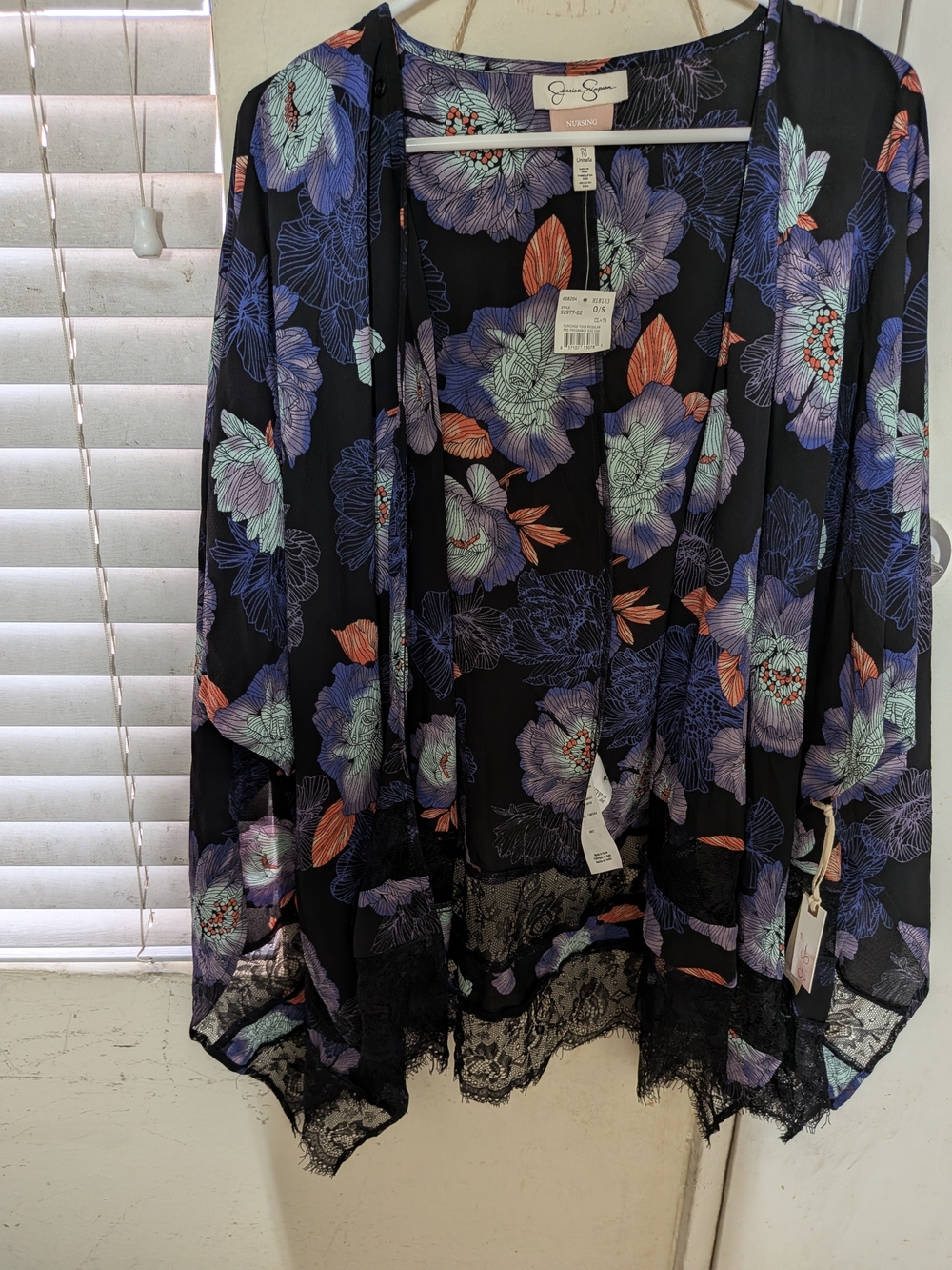 Jessica Simpson Black Floral Lace-Trim Kimono - Black/Multi
